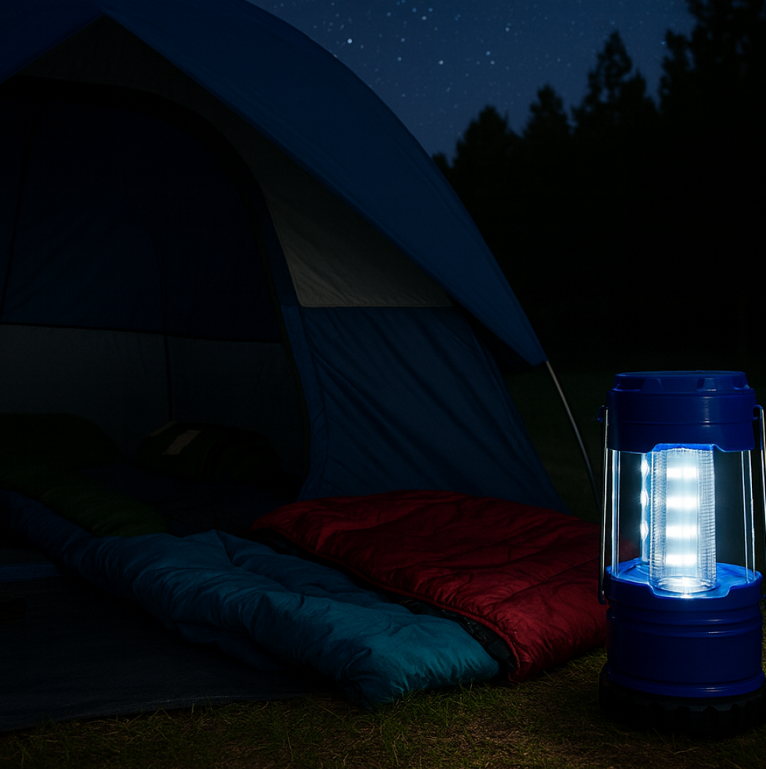 A blue and black LED lantern stands on the grass next to two sleeping bags inside a blue tent at night.
