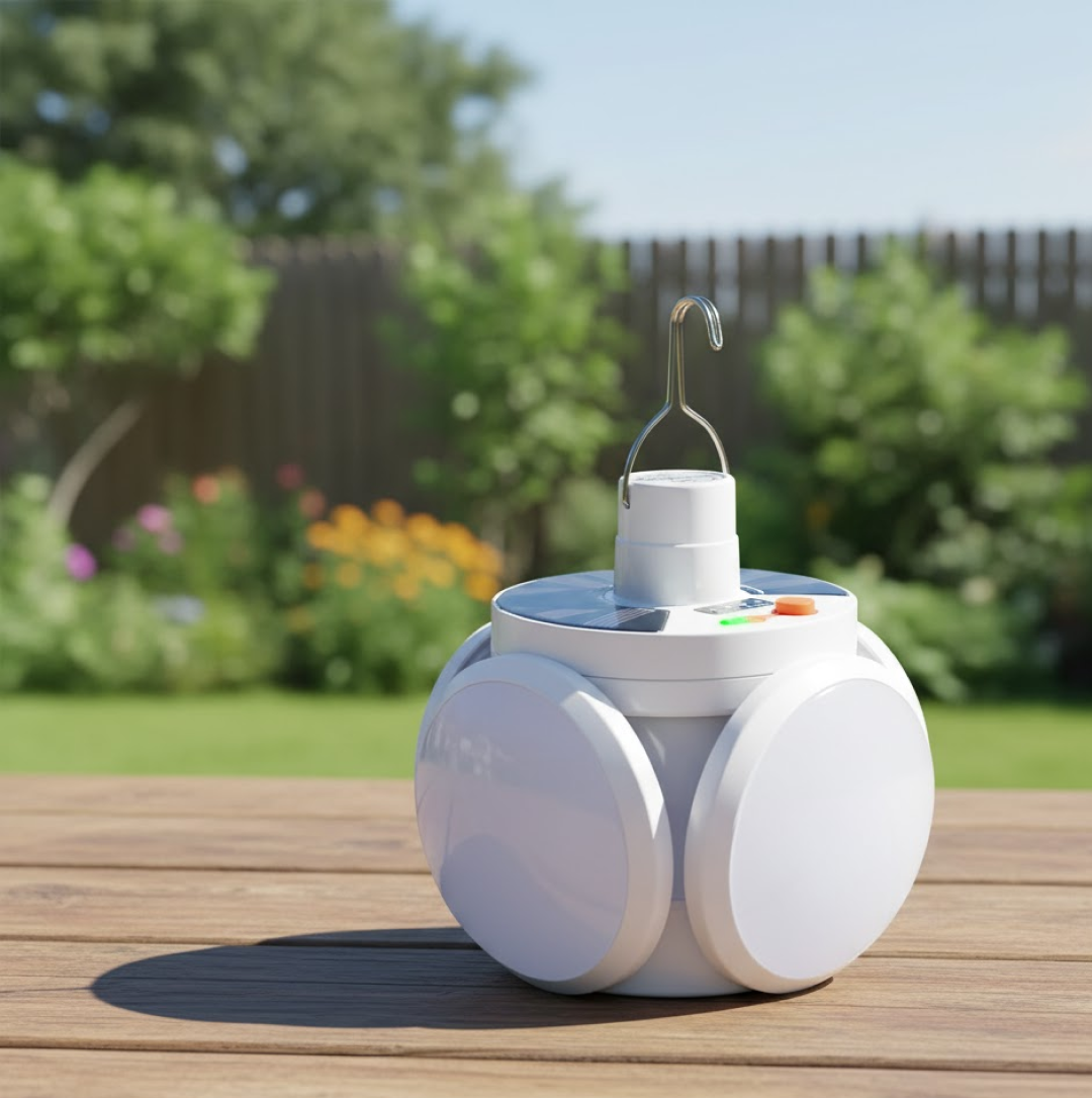 A white solar camping light with a metal hook sits on a wooden table in a sunny backyard with green grass and a fence.