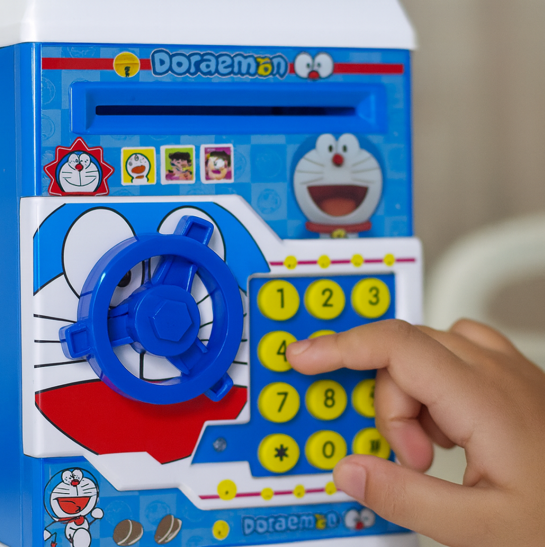 Close-up of the password keypad on the Kids Electronic Piggy Bank for security.