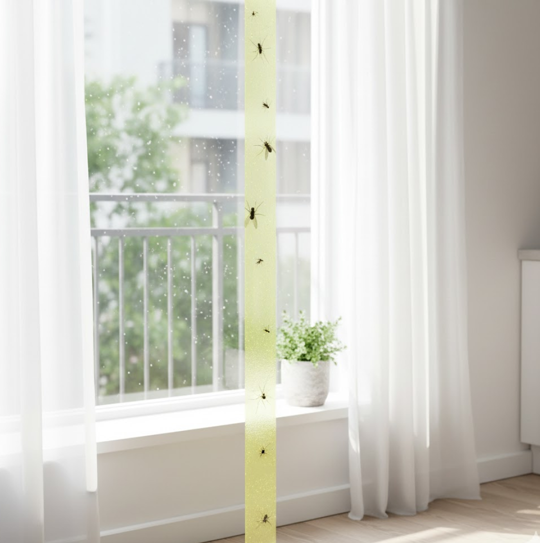 A long, yellow sticky fly strip with several small black insects hangs vertically in front of a window.