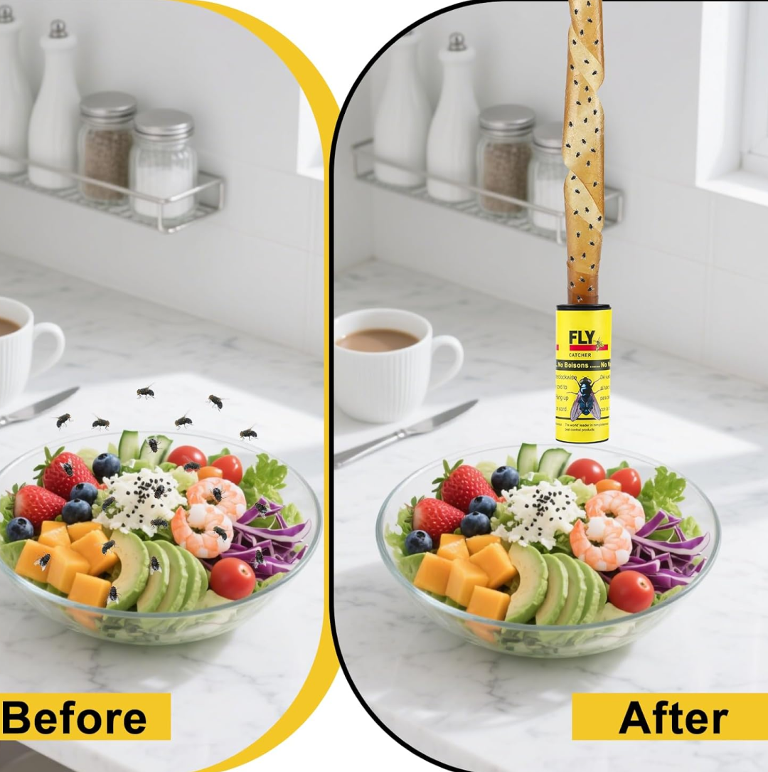 A split image shows a bowl of salad with flies before treatment and a clean bowl with a hanging fly strip after.
