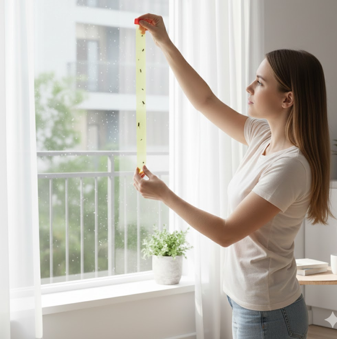 A woman in a white shirt holds a long, yellow sticky fly strip with a few small black insects on it, by a window.