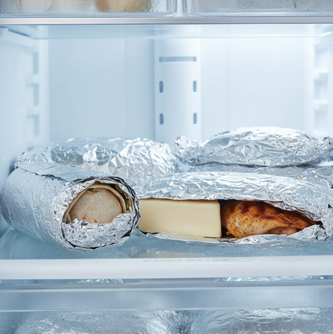 Diagram illustrating versatile uses of non-stick aluminum foil.