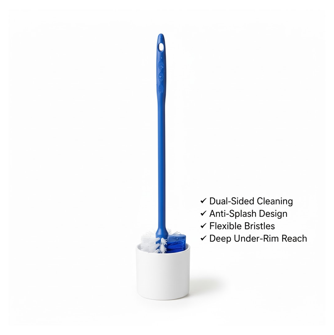 Hockey stick toilet brush effectively cleaning a bathroom toilet bowl.