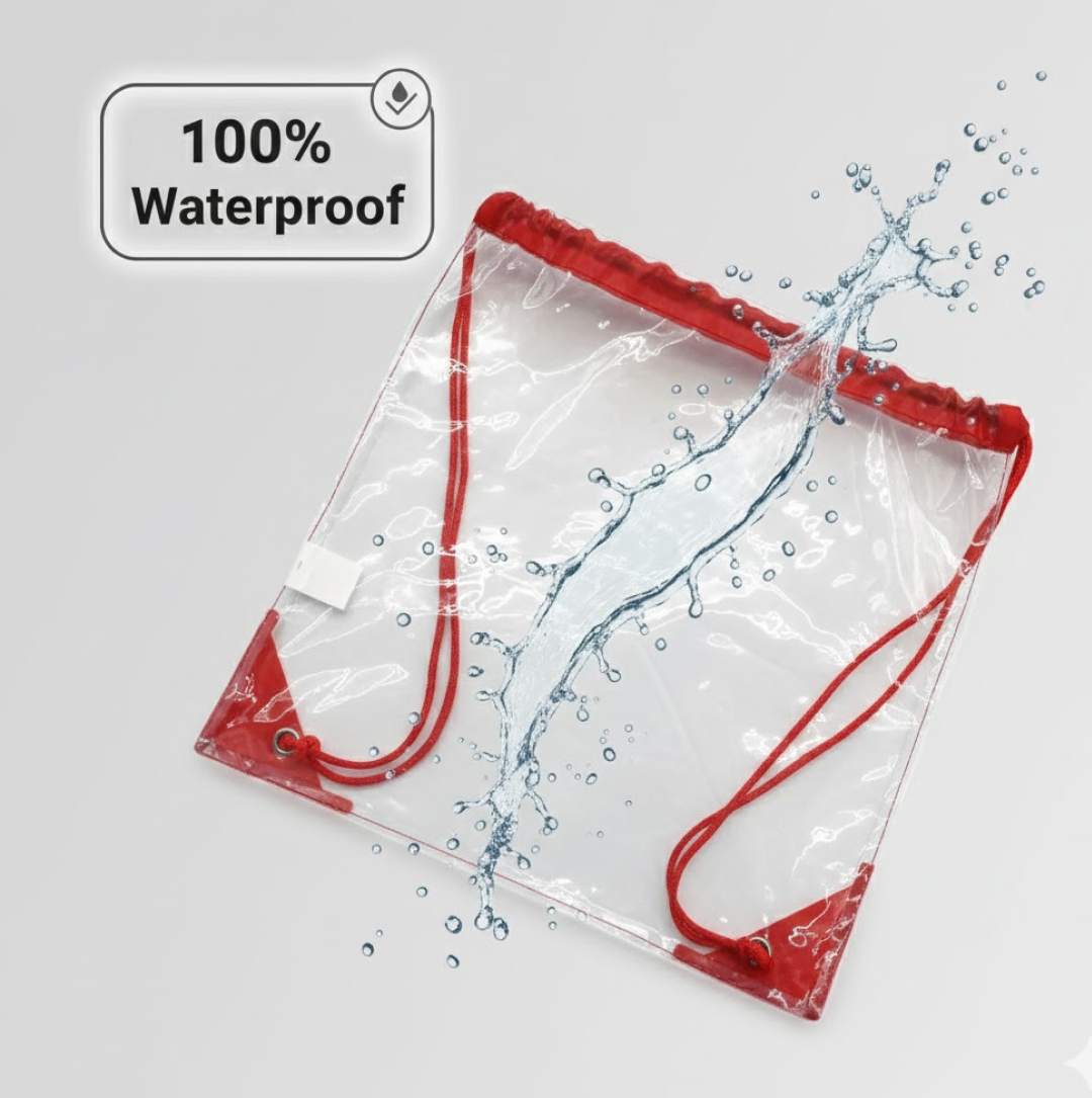 A clear drawstring bag with red trim is shown with a splash of water across it, highlighting its waterproof feature.