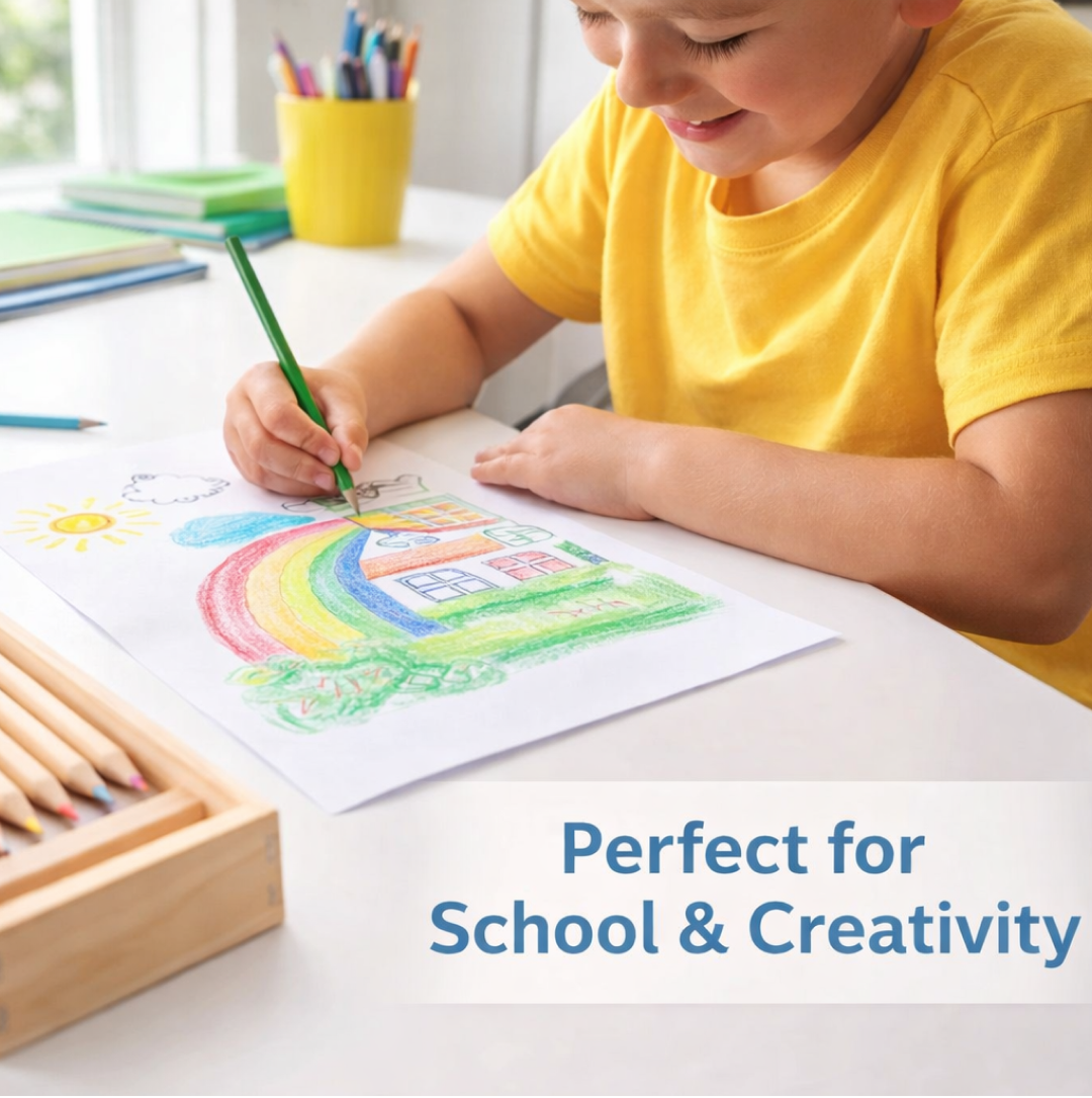 An open pencil box revealing twelve vibrantly colored wooden pencils neatly arranged.