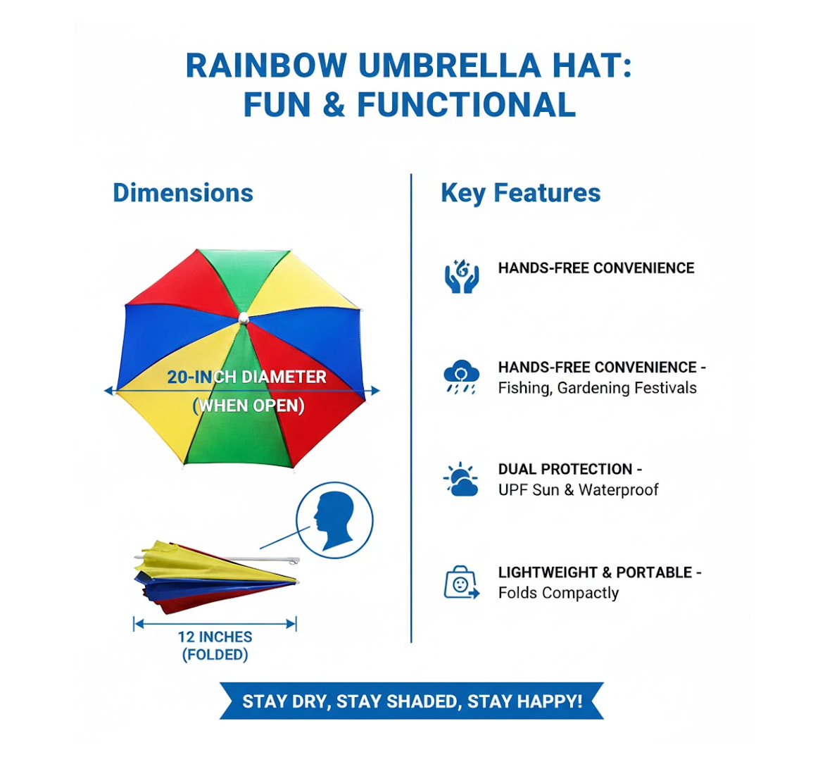 An infographic displays the DrizzlePro umbrella's dimensions (20-inch open diameter, 12-inch folded length) and key features.
