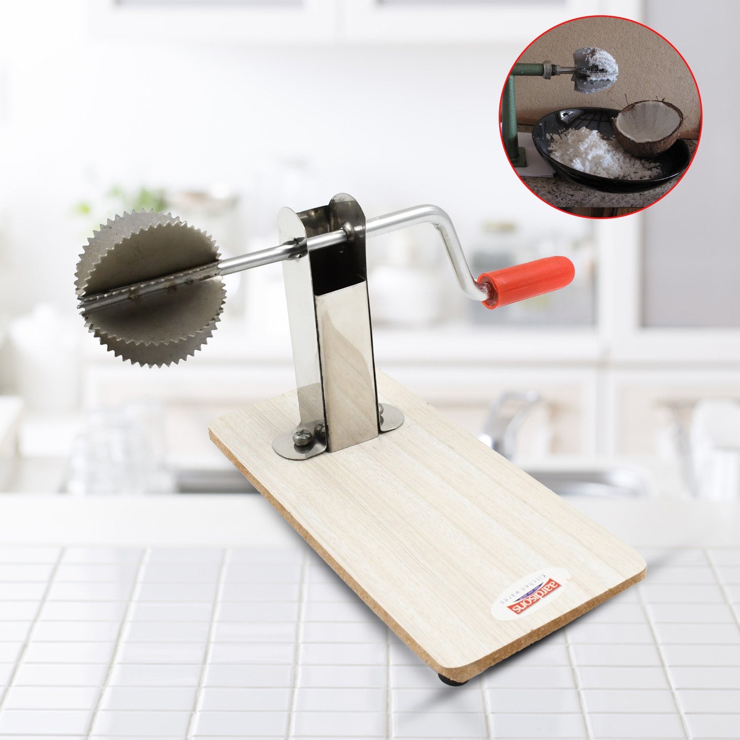 Hand roller stainless steel coconut scraper with wooden base
