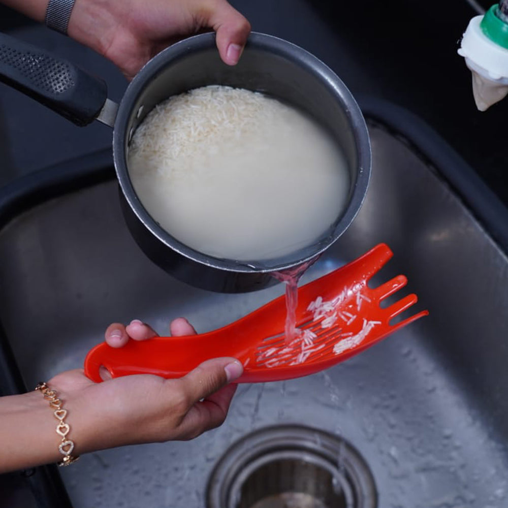 Compact rice washer with integrated strainer, perfect for small kitchens.
