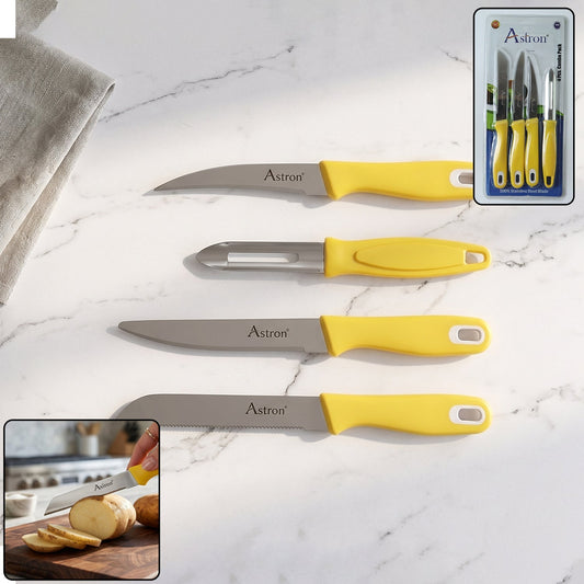 Stainless steel kitchen knife set with a peeler combo for versatile cooking tasks.