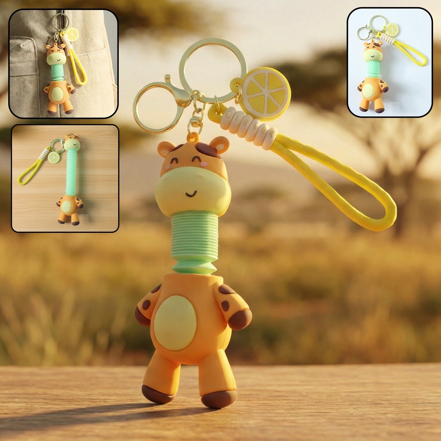Giraffe cartoon keychain with flexible spring neck bobble feature