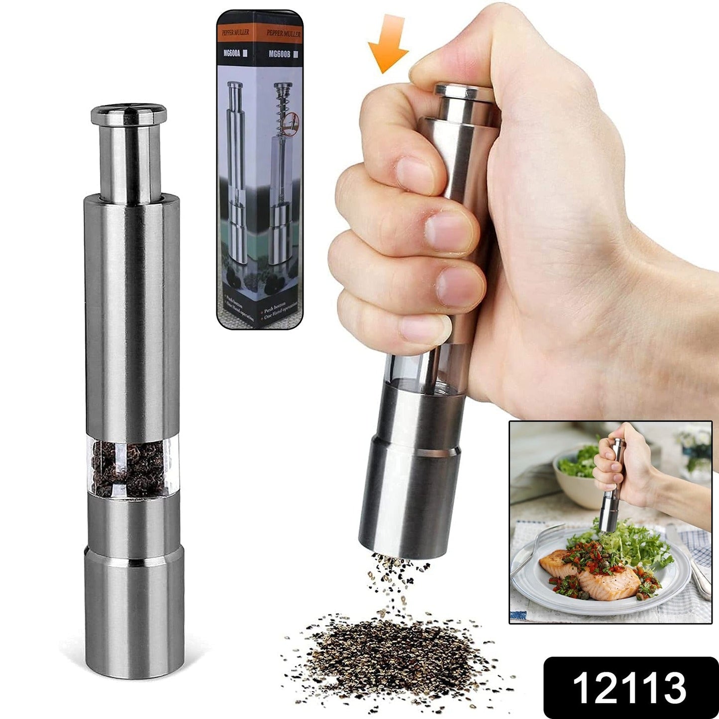 Hand operating a sleek thumb press grinder for fresh pepper.