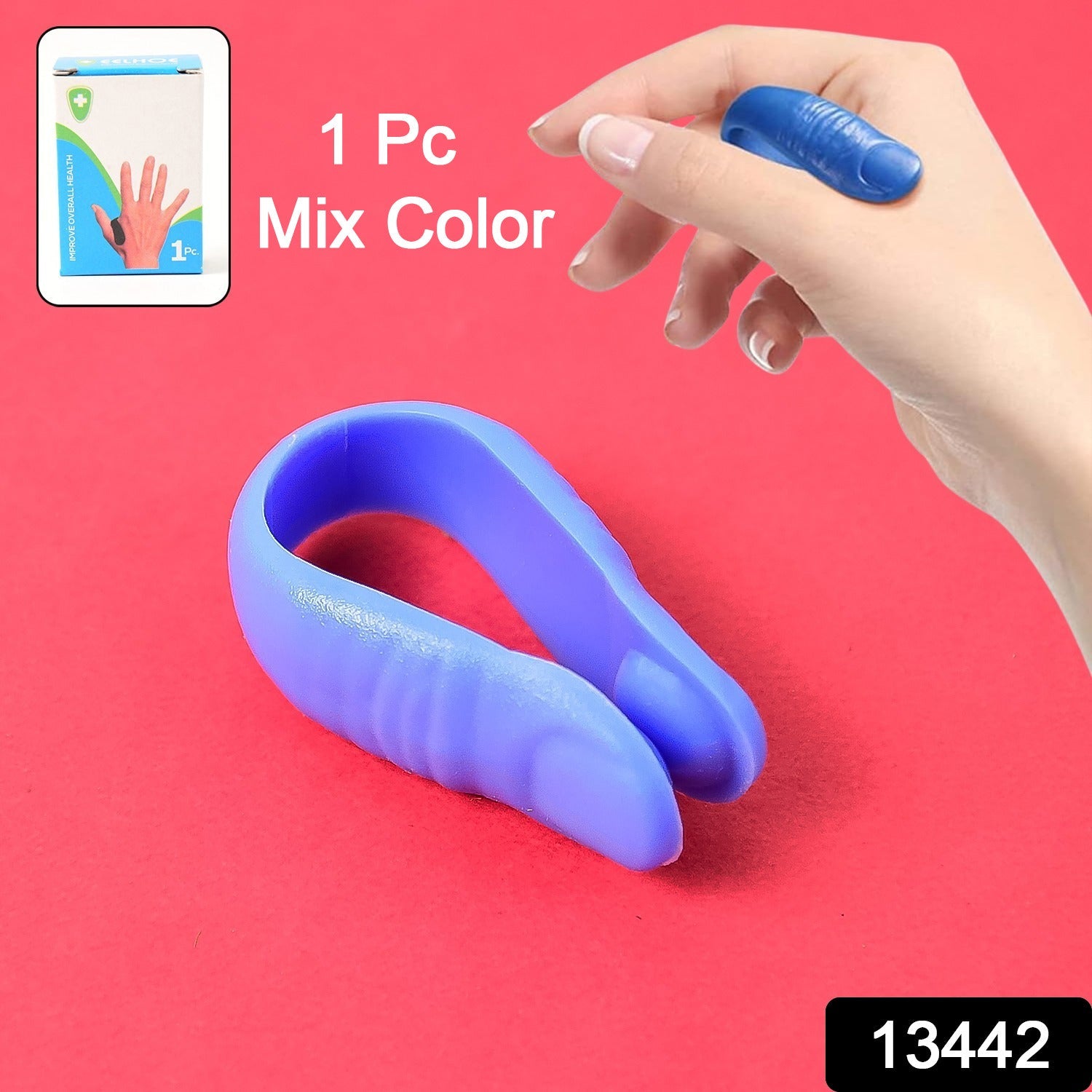 Close-up of the LI4 acupressure point clip being worn on a hand for headache relief.