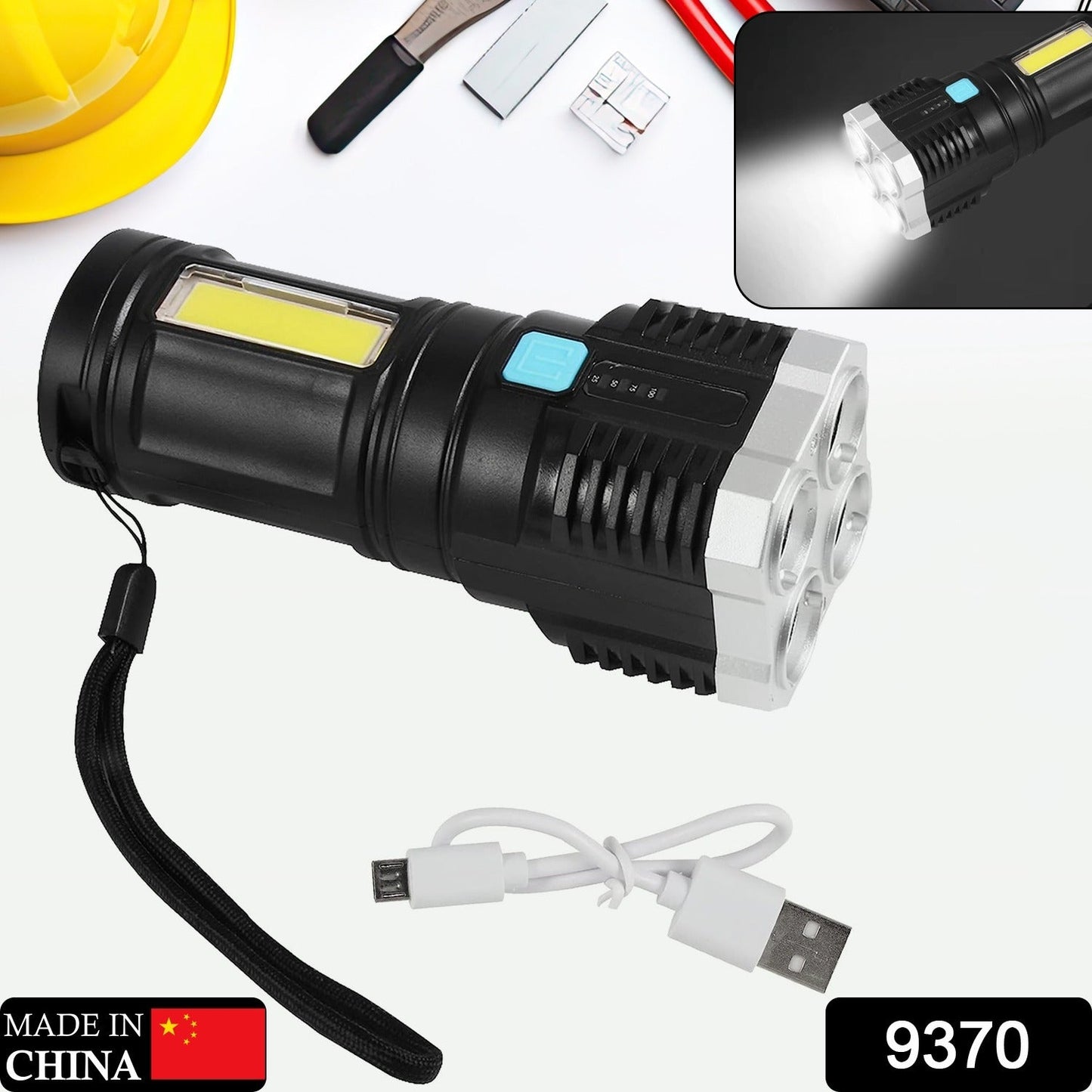A black and silver flashlight with a wrist strap and a white USB charging cable on a white background with tools.