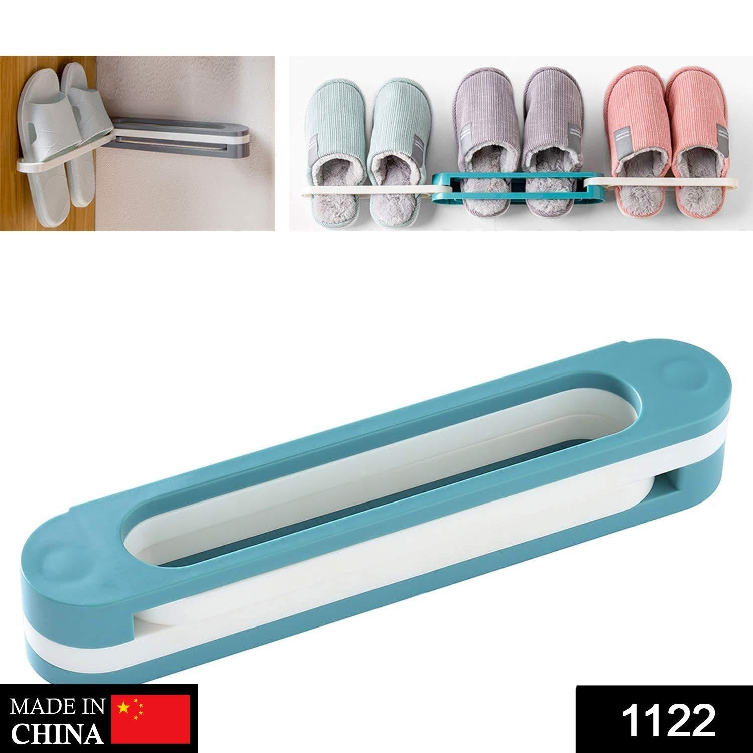 Close-up of the folding shoe rack securely holding multiple pairs of slippers.