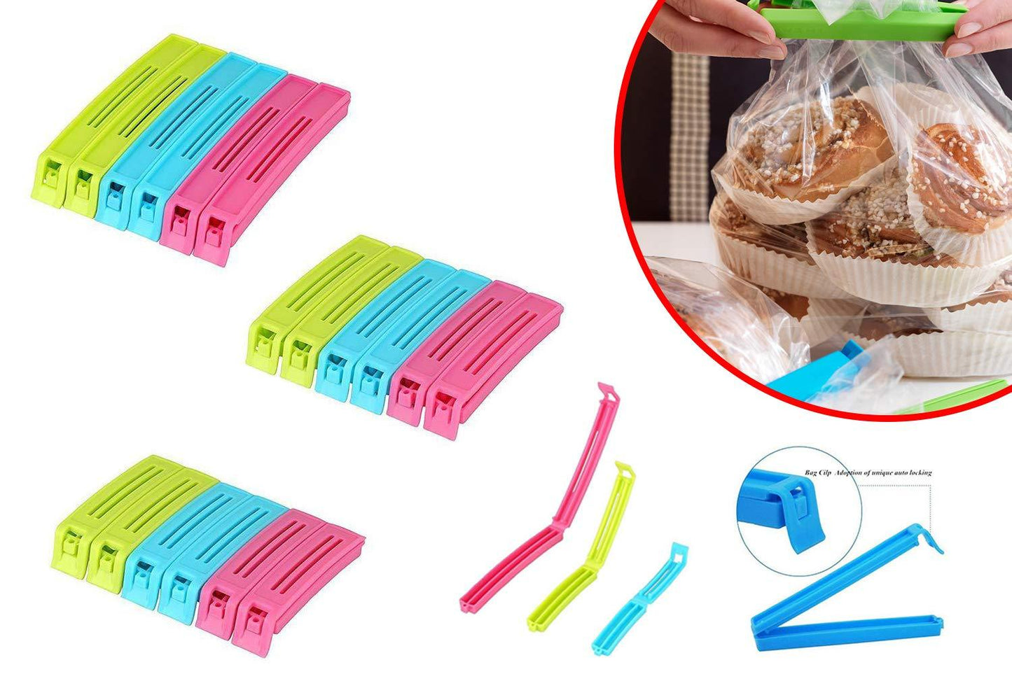 A hand demonstrating how to easily seal a snack bag with a plastic clip.