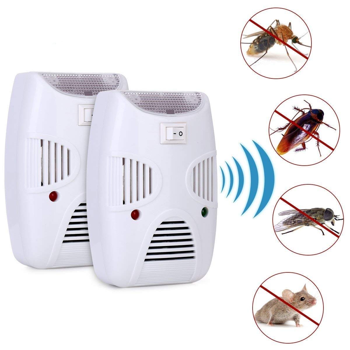 Two white plastic pest repellers with red and green indicator lights, next to circular icons of pests with red crosses.