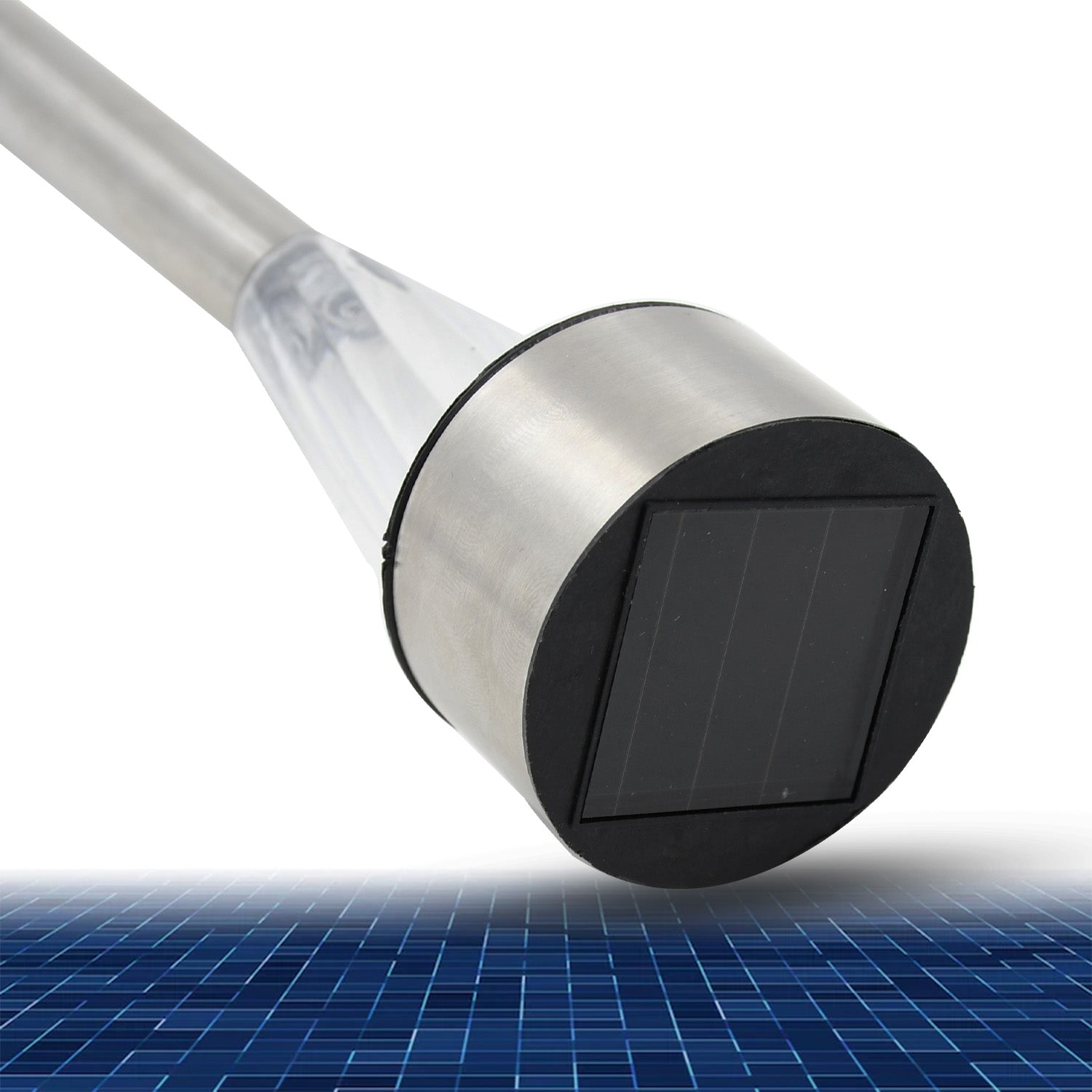A close-up view of the solar panel on the silver cap of the LED spike light, with a blue grid pattern below.
