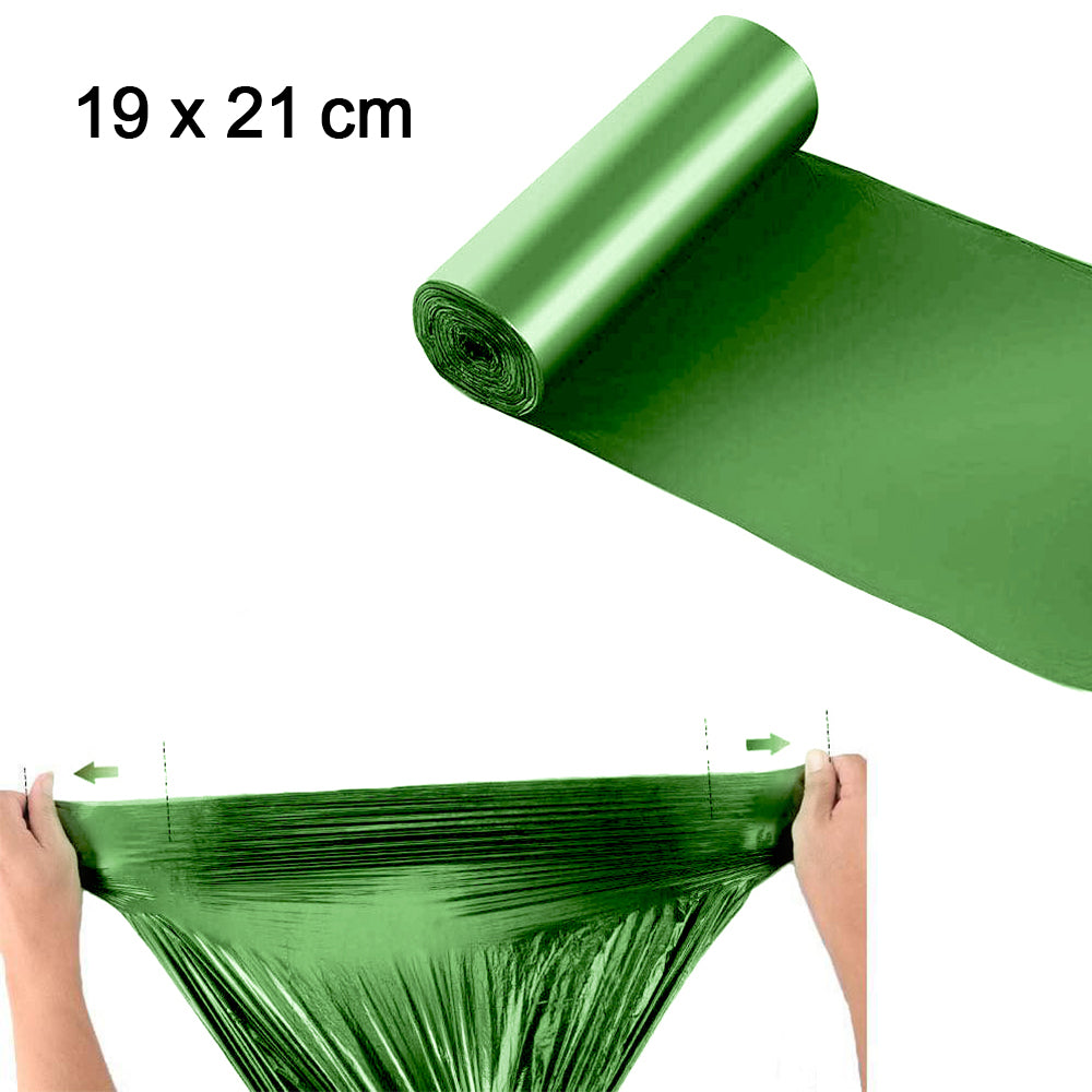 Close-up of a single green biodegradable garbage bag (19x21 inches) for small bins.