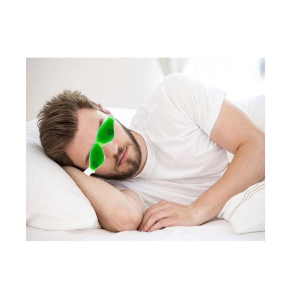 Vibrant green cold gel eye mask with stick-on straps, ready for soothing relief.