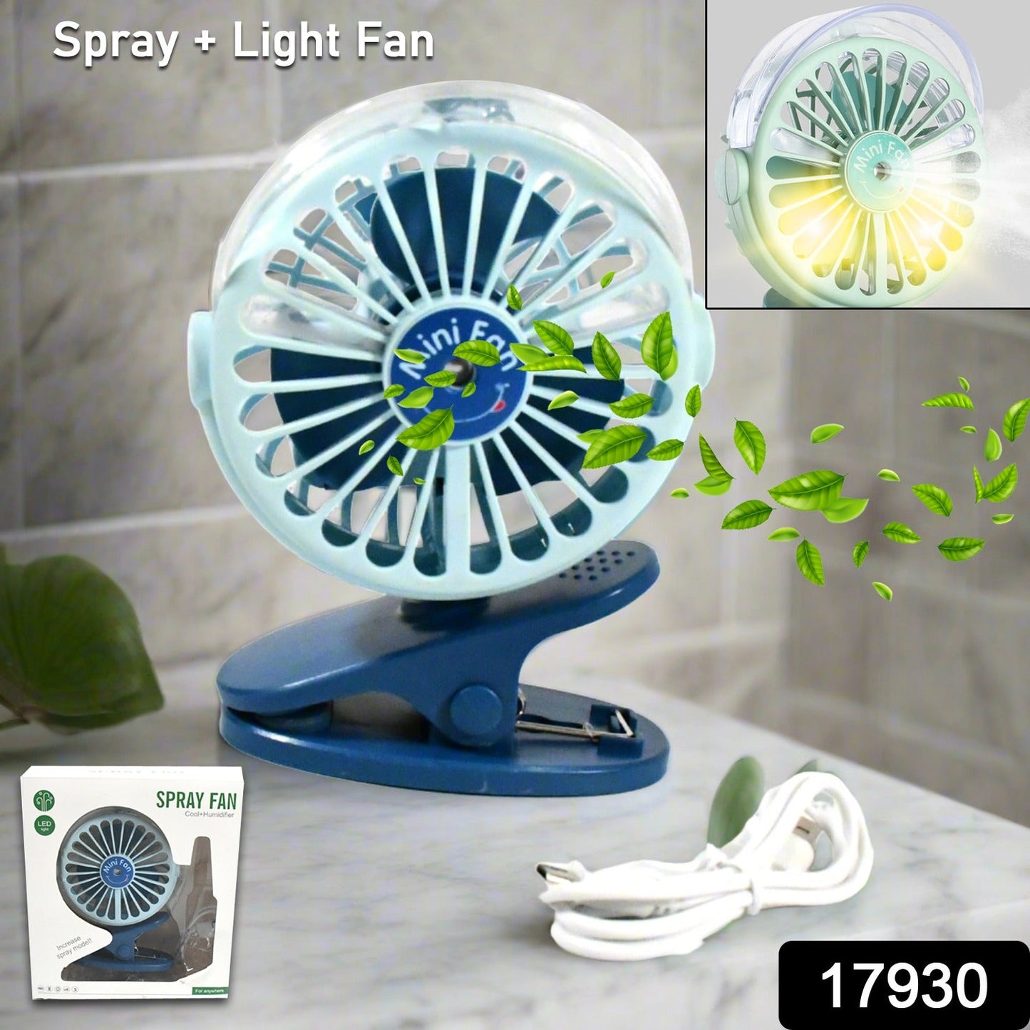 Close-up of the portable clip-on fan attached to a table, highlighting its strong clip.