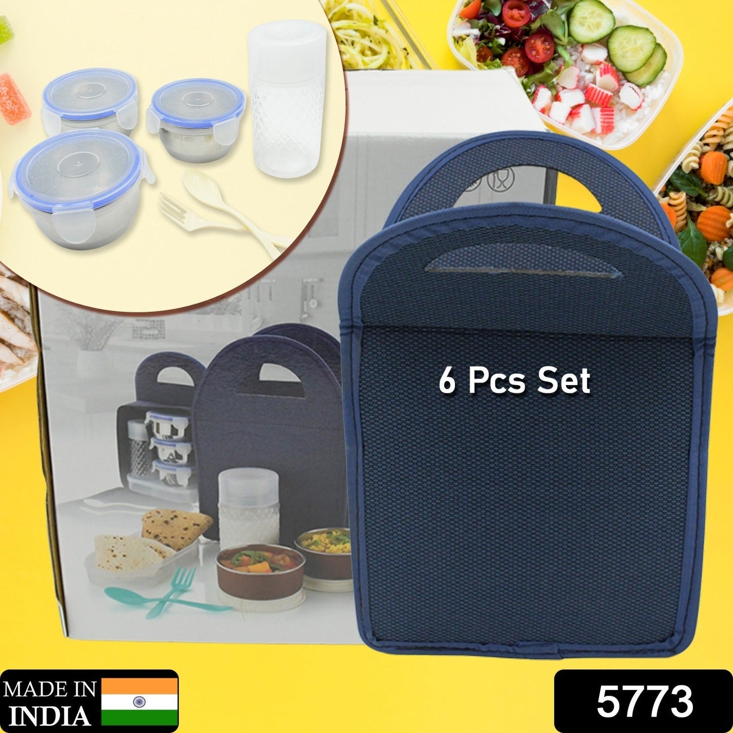 Side view of the insulated fabric bag with the 3 stainless steel tiffin boxes.