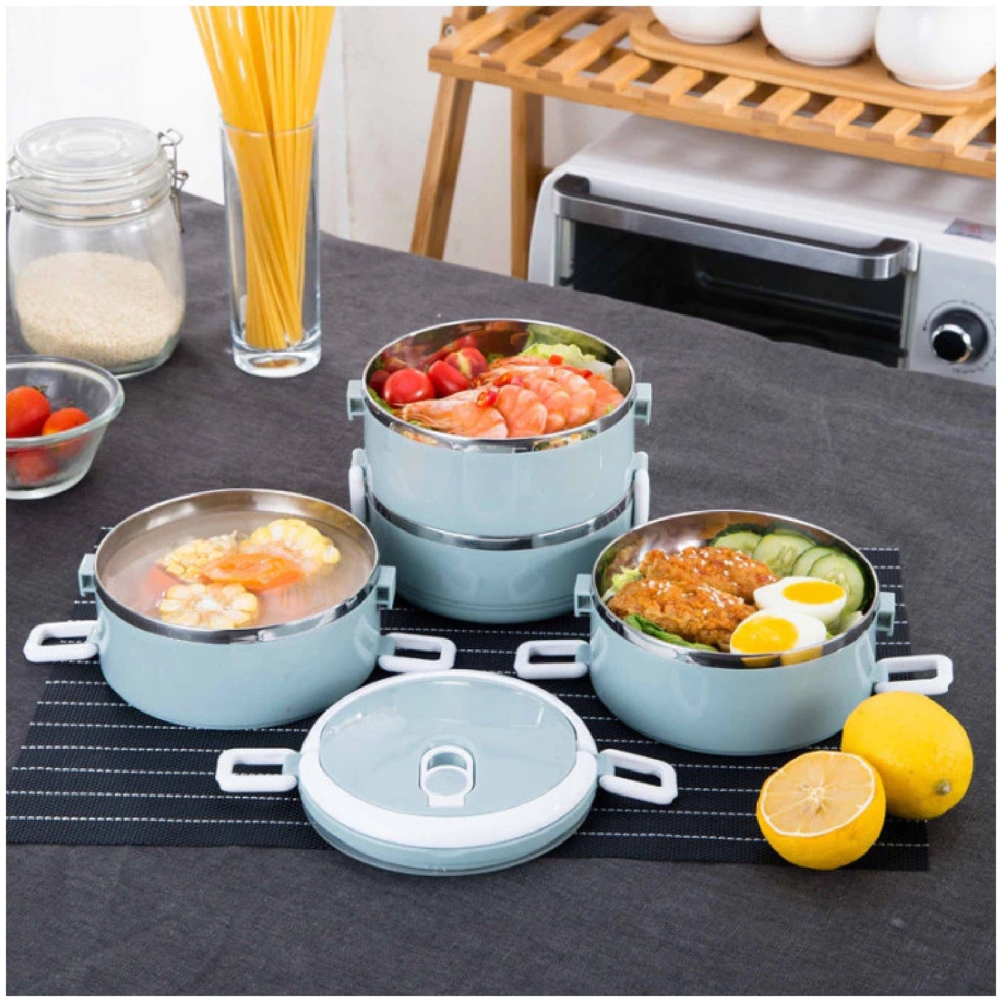 Securely sealed 4-layer stainless steel lunch box, anti-spill design.