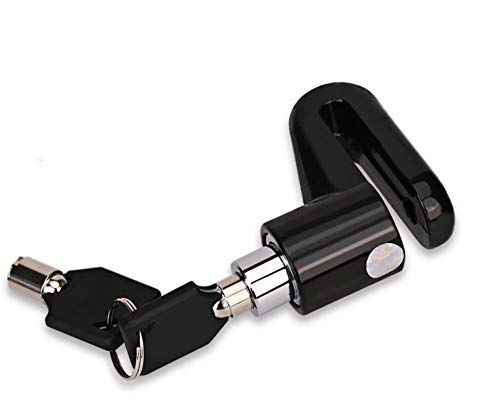 A black motorcycle wheel security device with an open shackle and two black keys attached to a silver keyring.