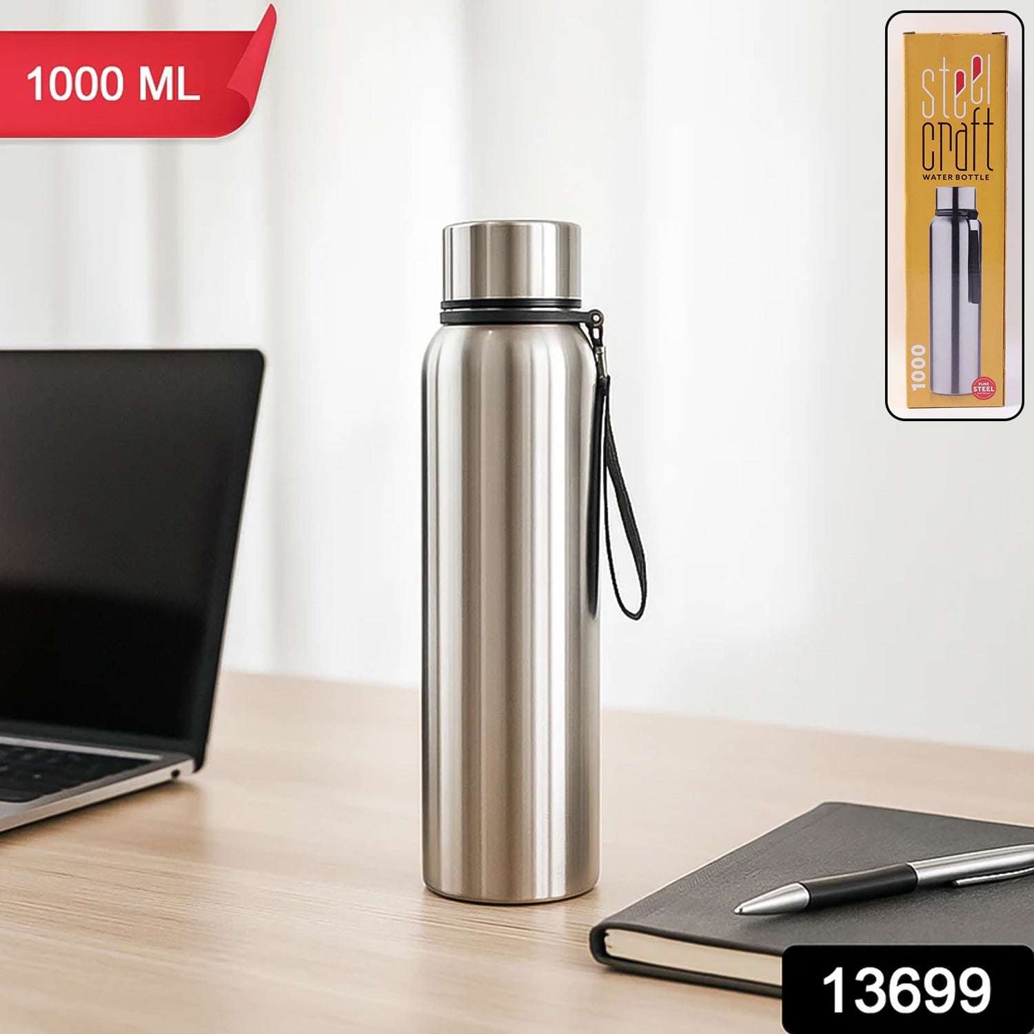 Person holding the sleek 1000ml Stainless Steel Water Bottle in a casual setting.