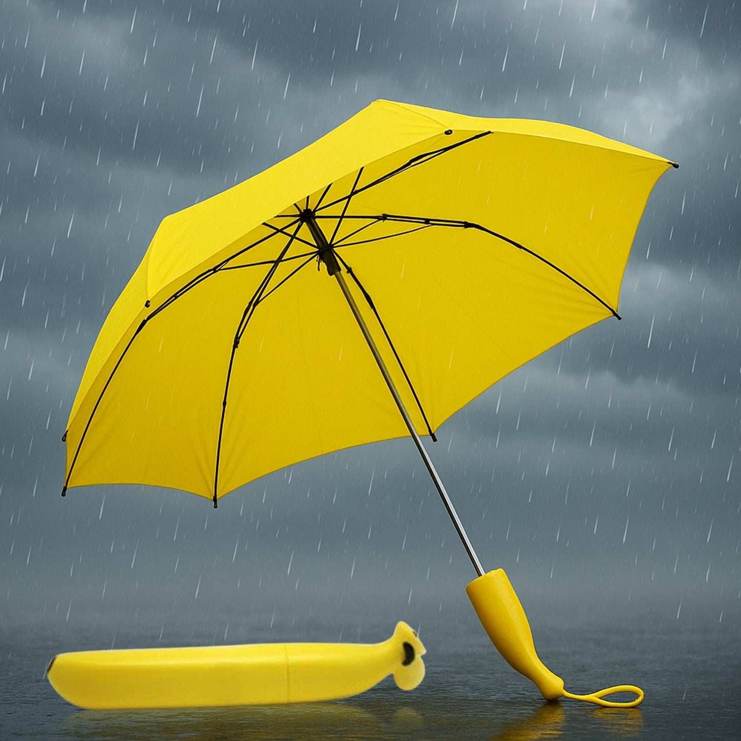 A yellow umbrella stands open on a wet surface, with its banana-shaped case lying beside it under falling rain.