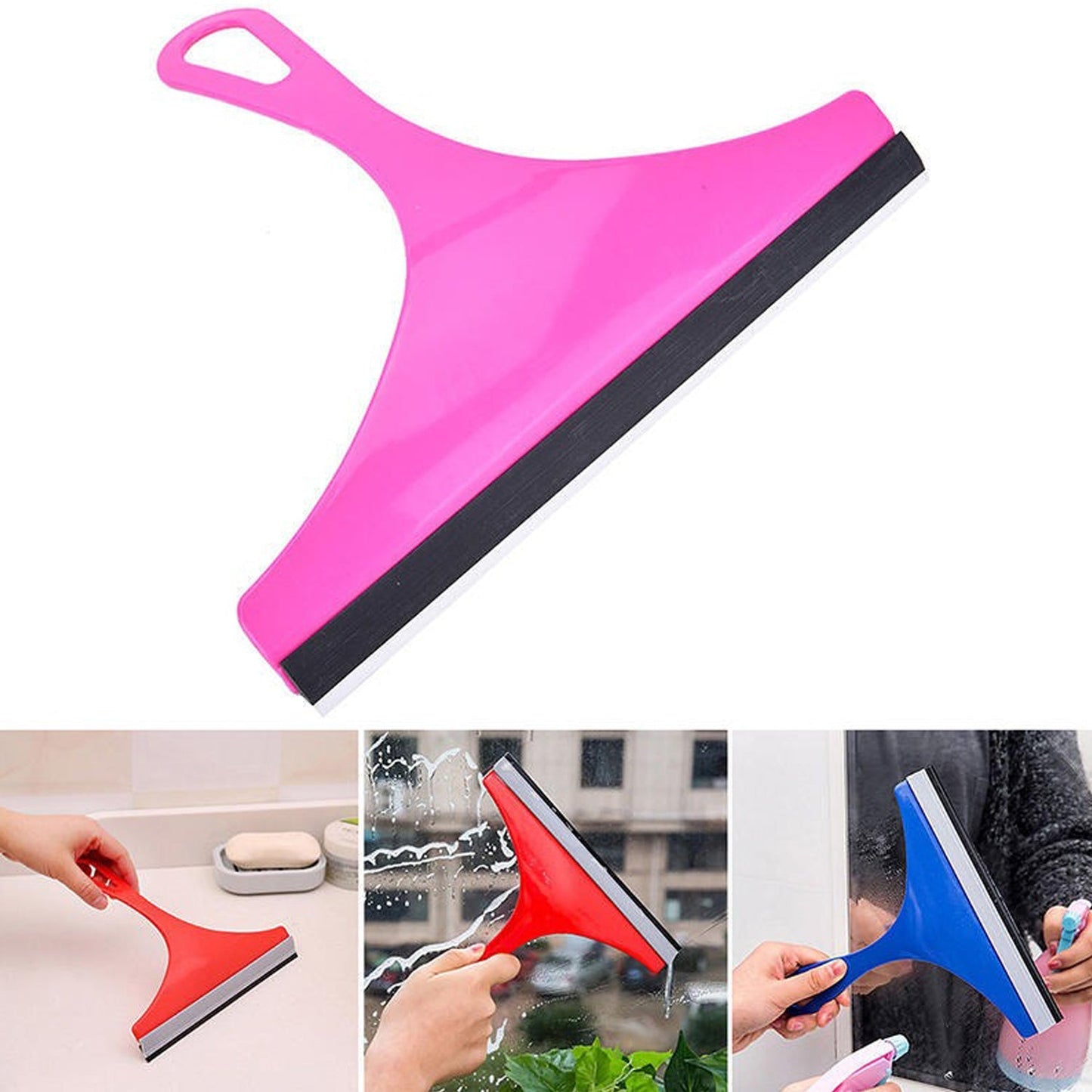 A vibrant pink car mirror wiper with a black rubber blade is shown, alongside three smaller in-use images of similar wipers.