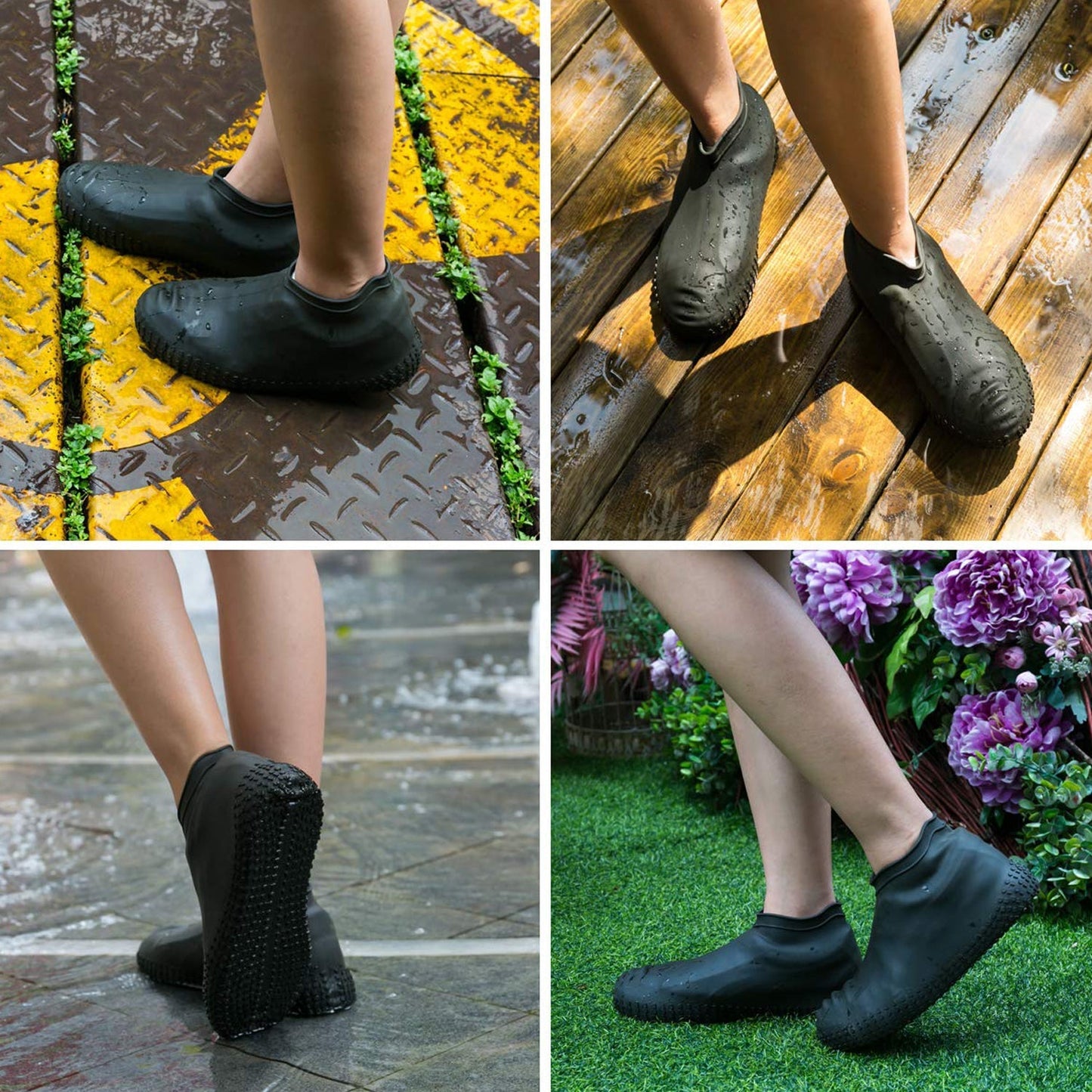 A person's feet wearing black silicone shoe covers stand on a wet, textured metal surface with green plants.