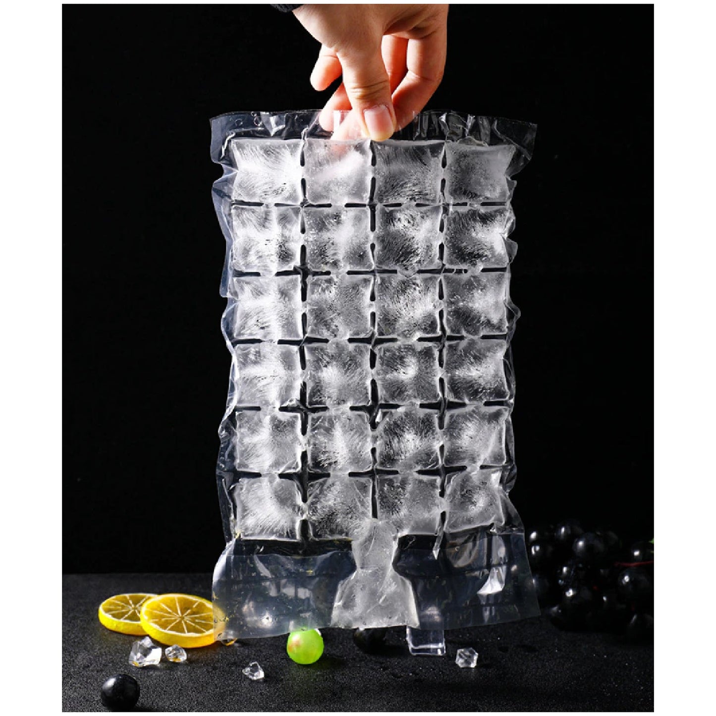 Hand holding a frozen disposable ice cube bag, ready for use.
