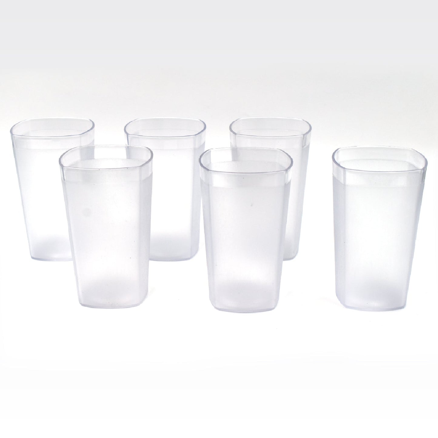 Ganesh 350ml unbreakable plastic drinking glasses, set of 6, arranged on a table.