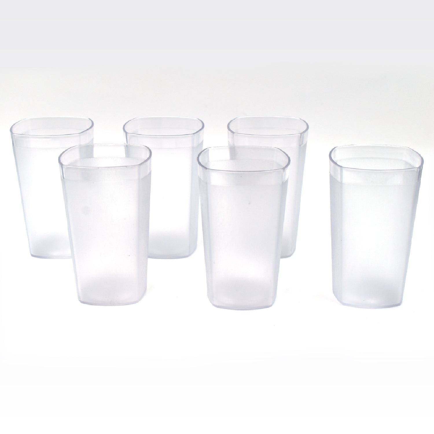 Ganesh 350ml unbreakable plastic drinking glasses, set of 6, arranged on a table.