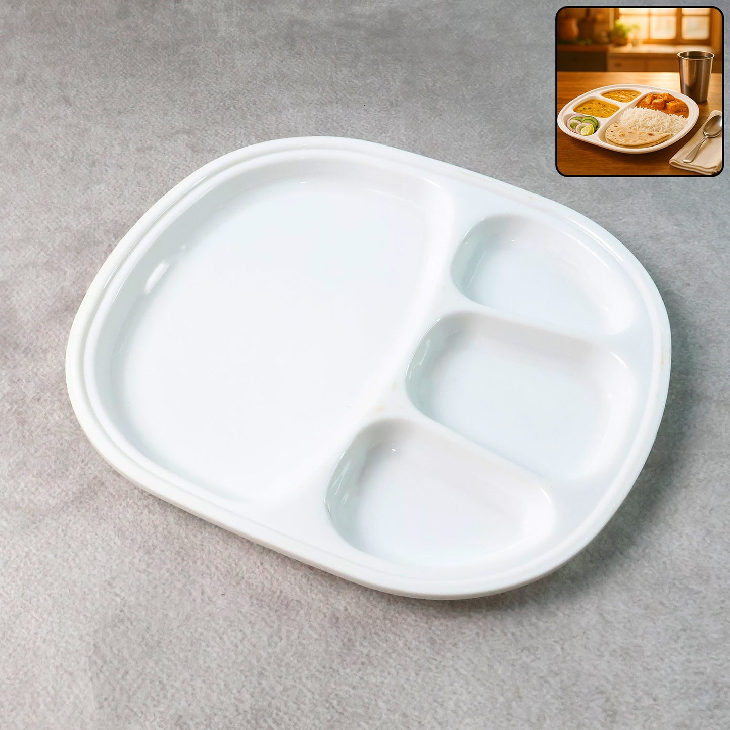 Large plastic compartment dinner plate with 4 sections in white