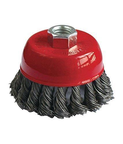 Versatile black wire wheel brush for various metal cleaning tasks.