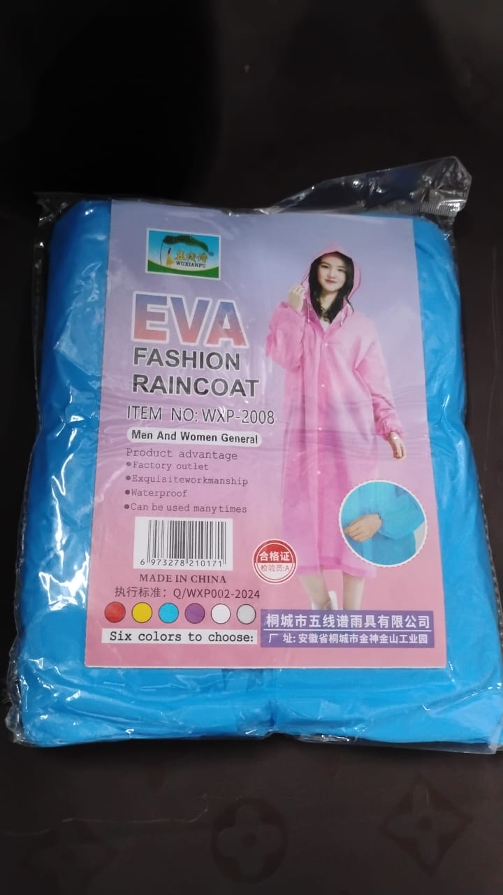 A blue packaged rain jacket with a label showing a woman in a pink version and product details.