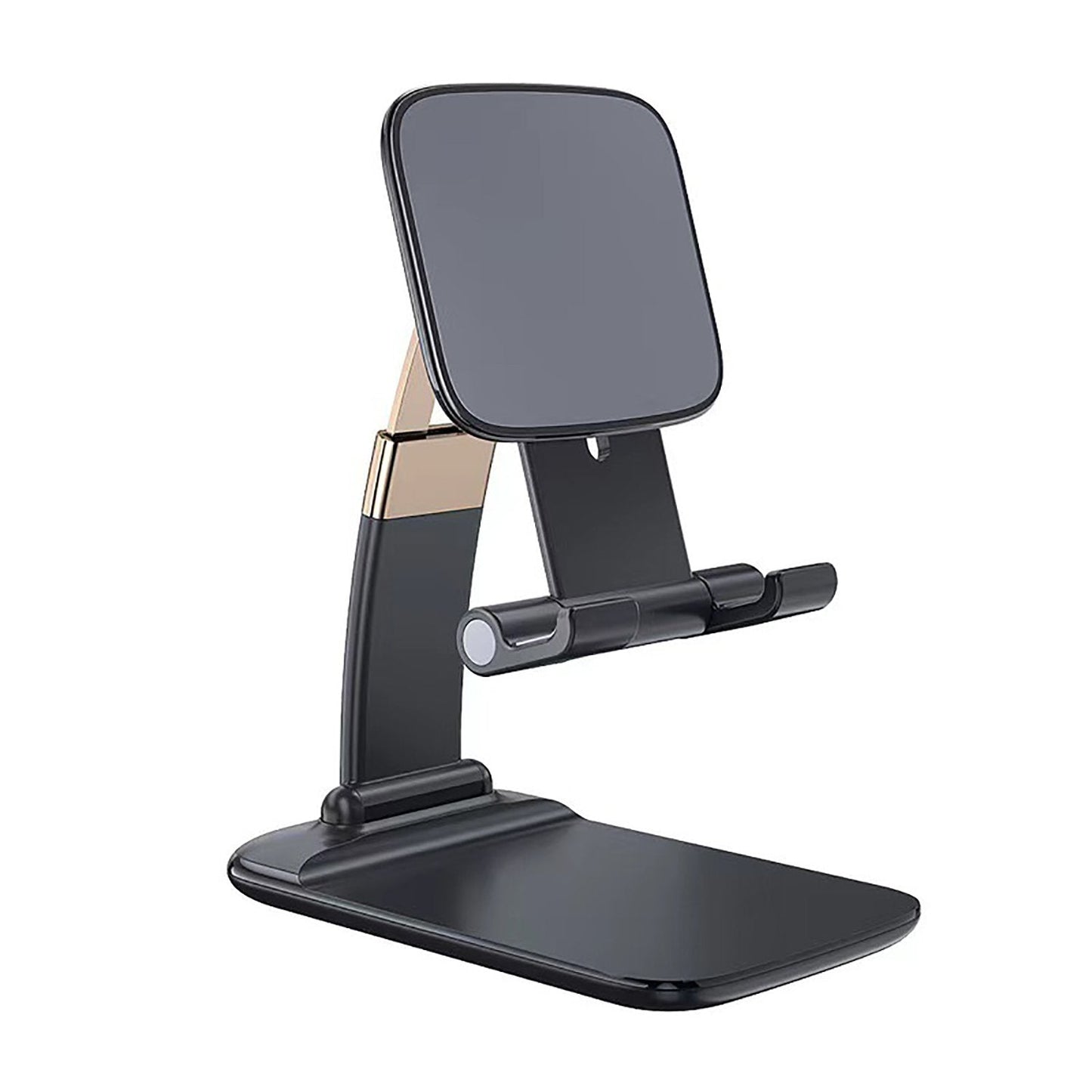 Foldable phone holder stand securely holds a smartphone on a modern desk.