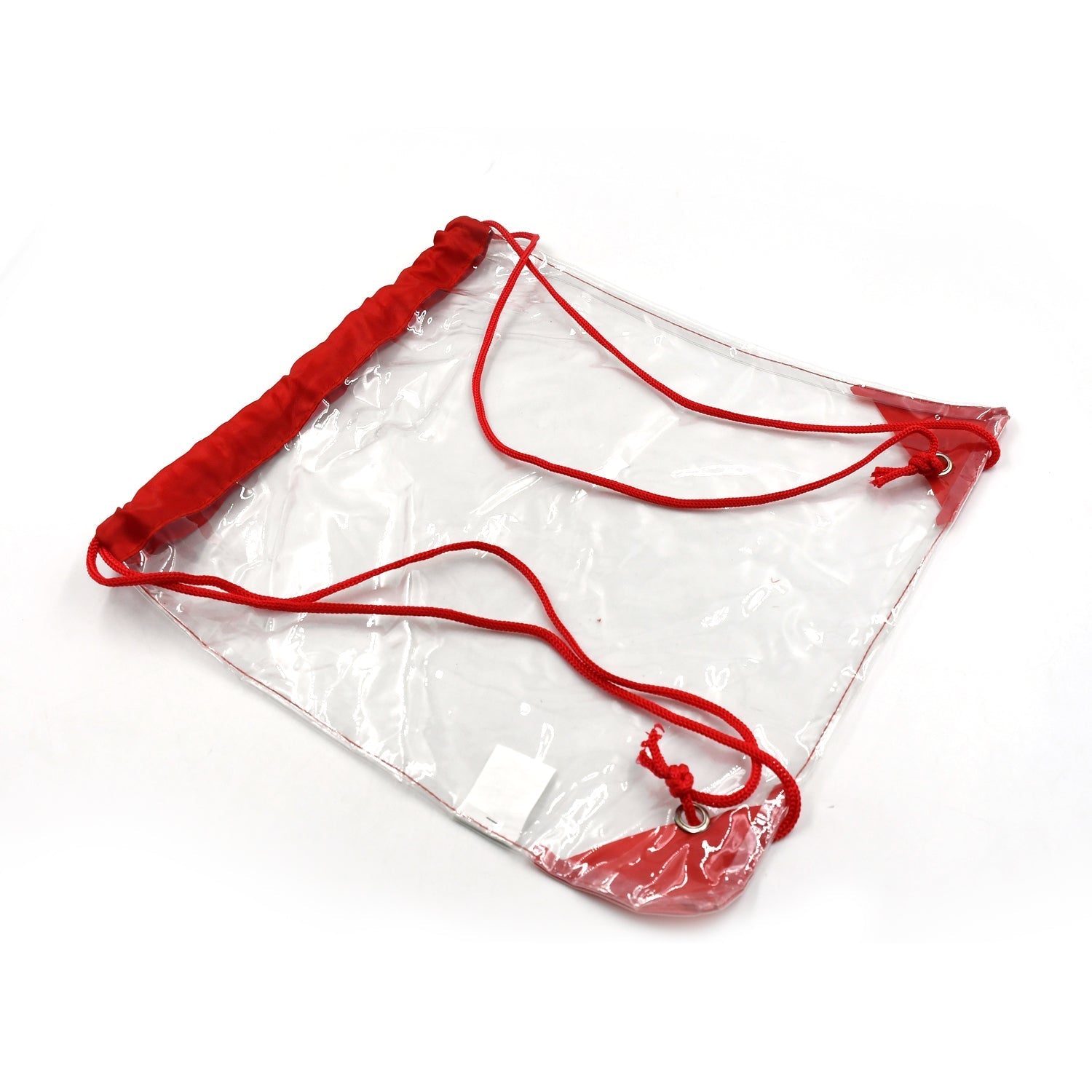 A clear drawstring bag with red trim and drawstrings is displayed on a plain white background.