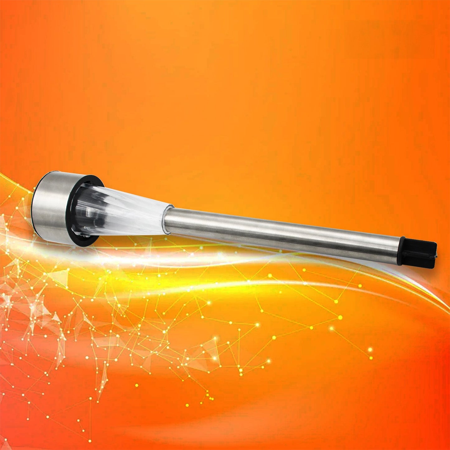 A silver and clear plastic solar LED spike light is shown on an orange background with white light streaks.