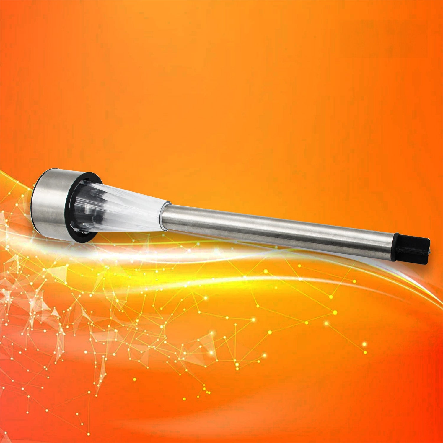 A silver and clear plastic solar LED spike light is shown on an orange background with white light streaks.