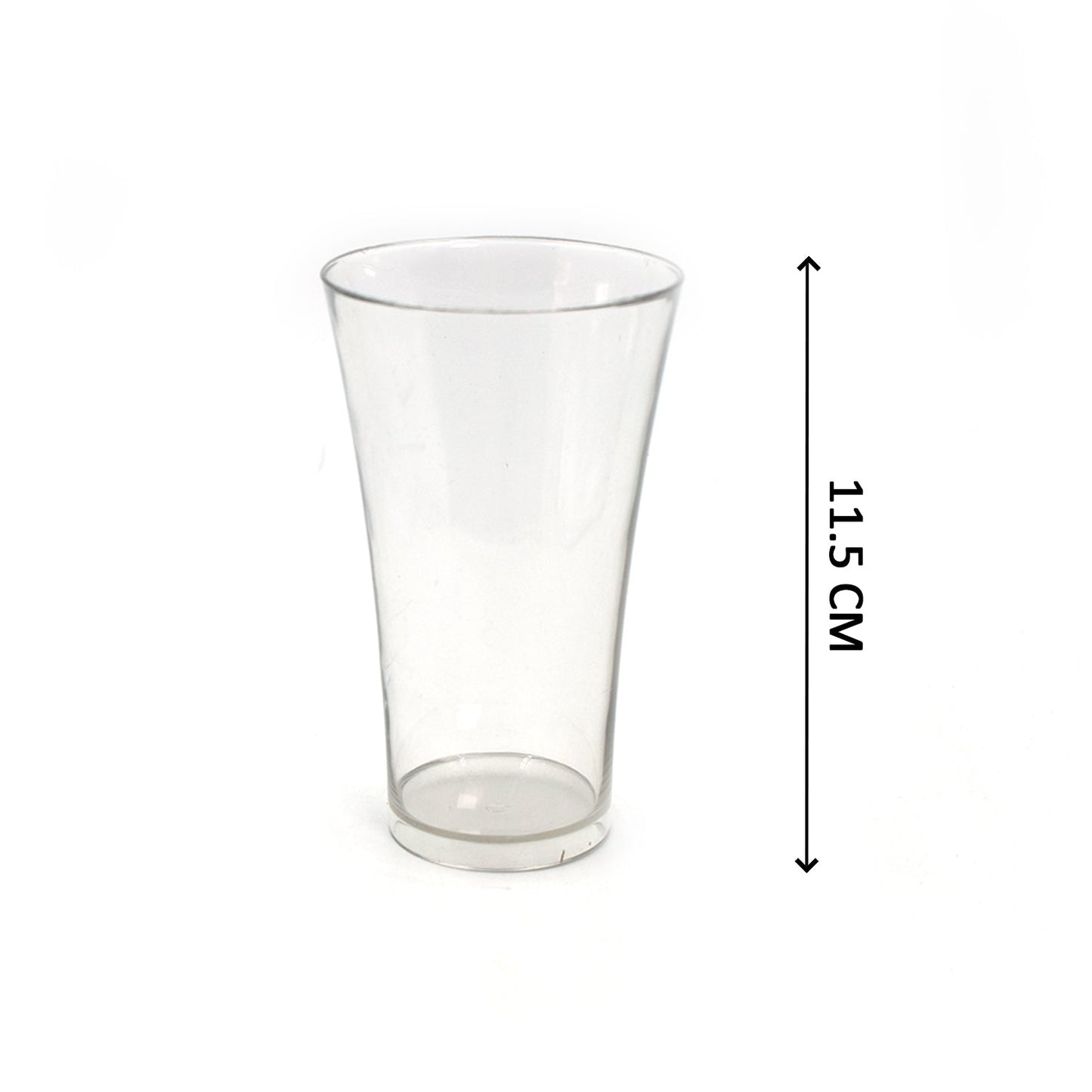 A hand holding one of the clear plastic juice glasses, demonstrating its ergonomics.