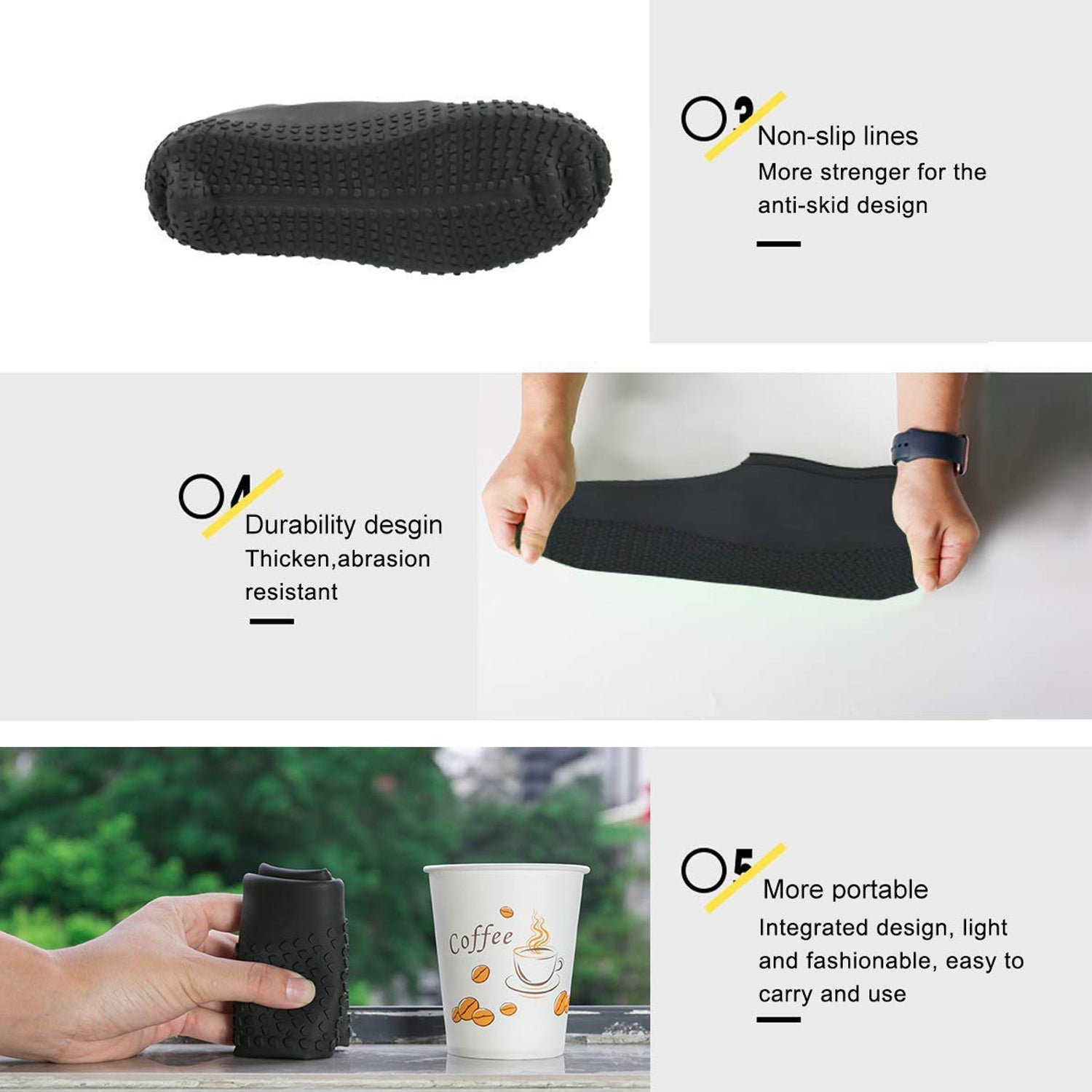 A hand folds a black silicone shoe cover, demonstrating its flexibility and portability.