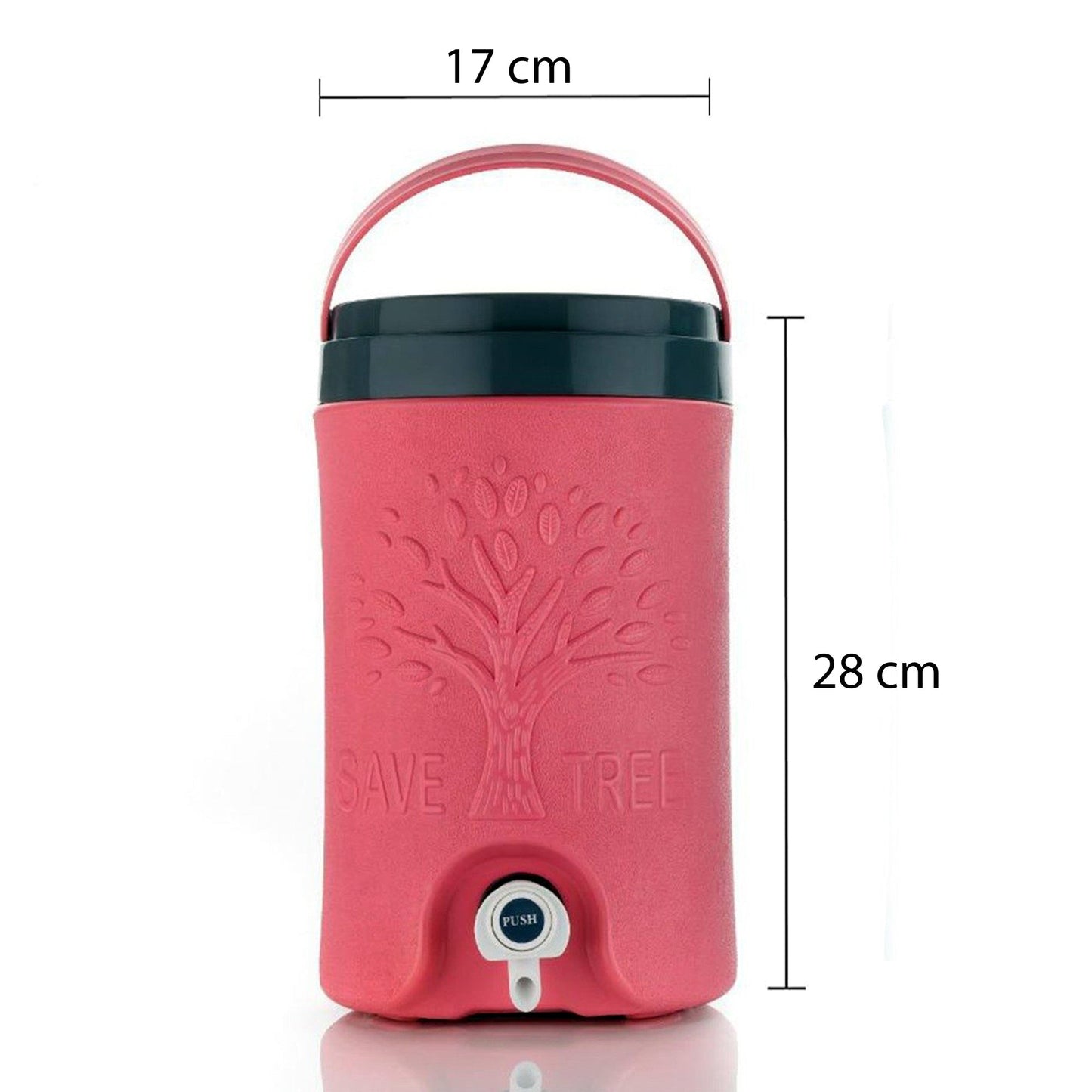 Close-up of the easy-to-use bottom tap dispenser on the multicolored beverage jug.