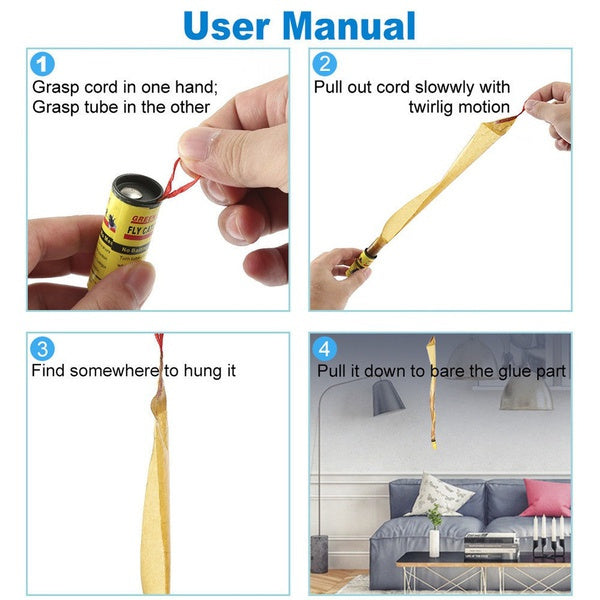 A four-panel user manual shows how to pull out and hang the yellow sticky fly catcher strip.