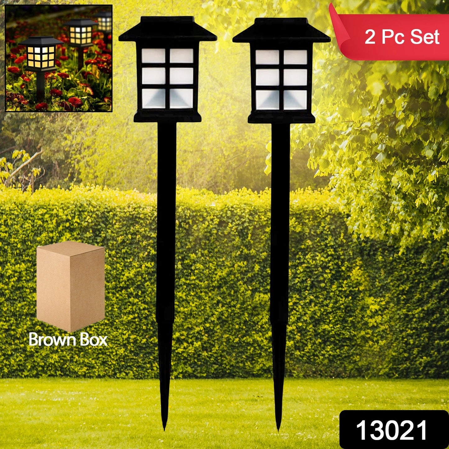 Two black solar garden lights are displayed in a garden setting, with a small inset showing them lit at dusk.