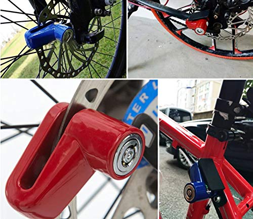A collage shows a blue wheel security device on a bicycle disc brake, a red one on a motorcycle wheel, and a red one on a