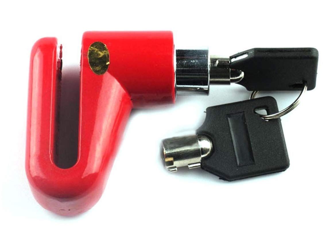 A bright red motorcycle wheel security device with an open shackle and two black keys inserted into the lock cylinder.