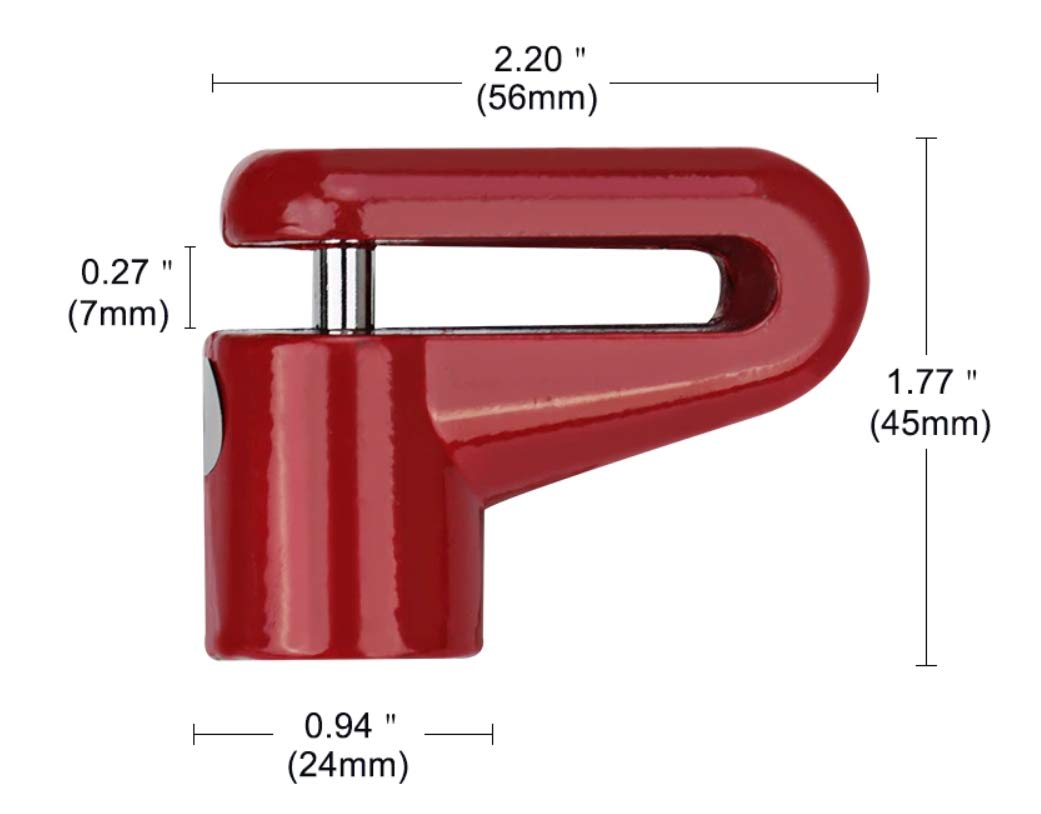 A red motorcycle wheel security device with dimensions labeled, showing a compact U-shaped design.
